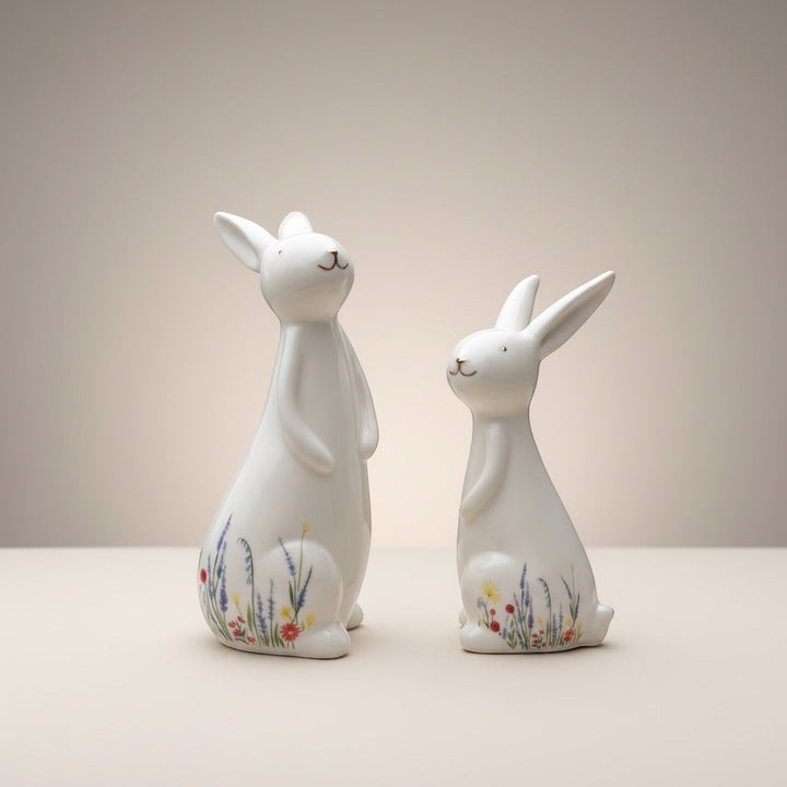 Vintage Hare set of 2 white ceramic bunny ornaments with wildflower pattern, perfect for Easter decor.