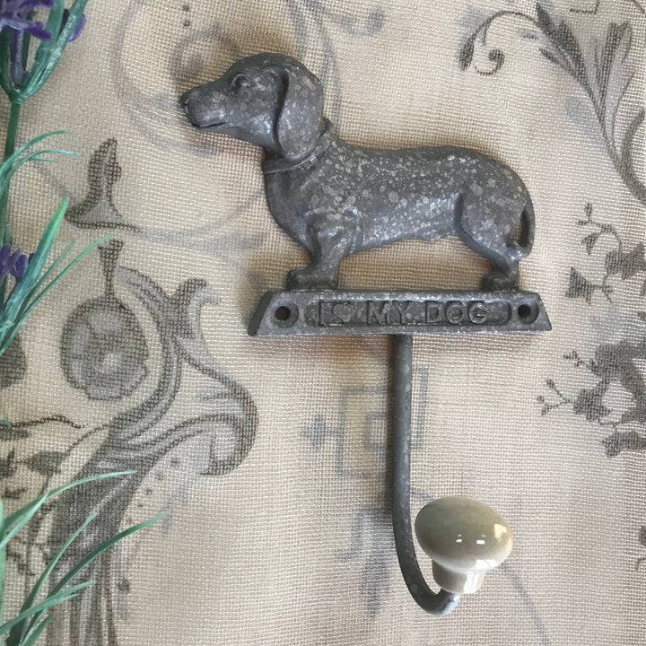 Vintage Hare grey metal dachshund dog shaped wall hook with "I Love My Dog" inscription.