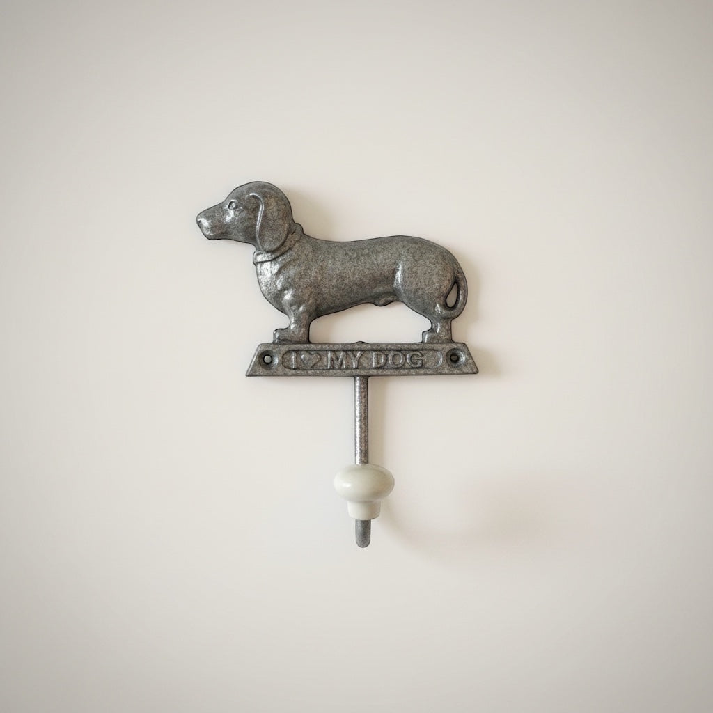 Vintage Hare rustic metal dachshund dog shaped wall hook with "I Love My Dog" inscription.