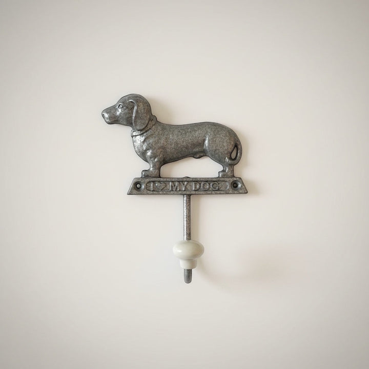 Vintage Hare rustic metal dachshund dog shaped wall hook with "I Love My Dog" inscription.