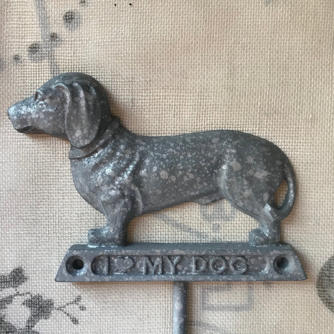 Vintage Hare metal dachshund dog shaped wall hook with "I Love My Dog" inscription. Rustic finish.