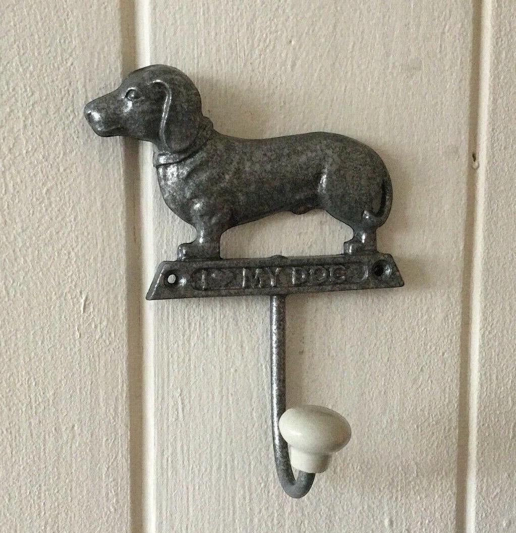 Vintage Hare metal dachshund dog shaped wall hook with "I Love My Dog" inscription. Rustic finish.