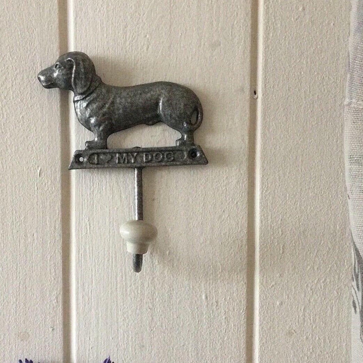 Vintage Hare metal dachshund dog shaped wall hook with "I Love My Dog" inscription. Rustic finish.