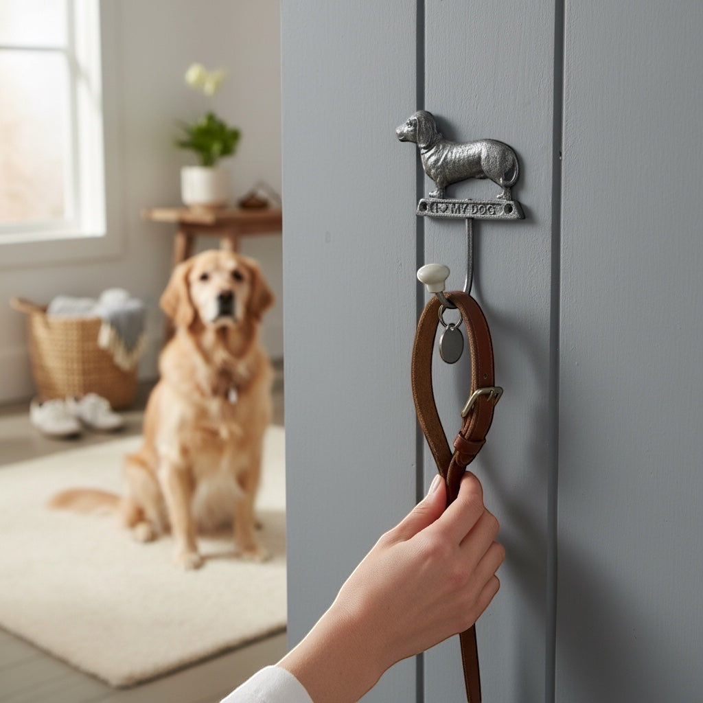 Vintage Hare metal dachshund dog shaped wall hook with "I Love My Dog" inscription, holding a leather leash.