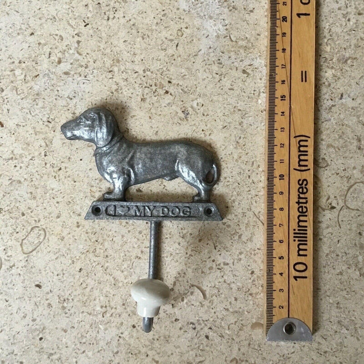 Vintage Hare metal dachshund dog shaped wall hook with "I Love My Dog" inscription. Rustic finish.