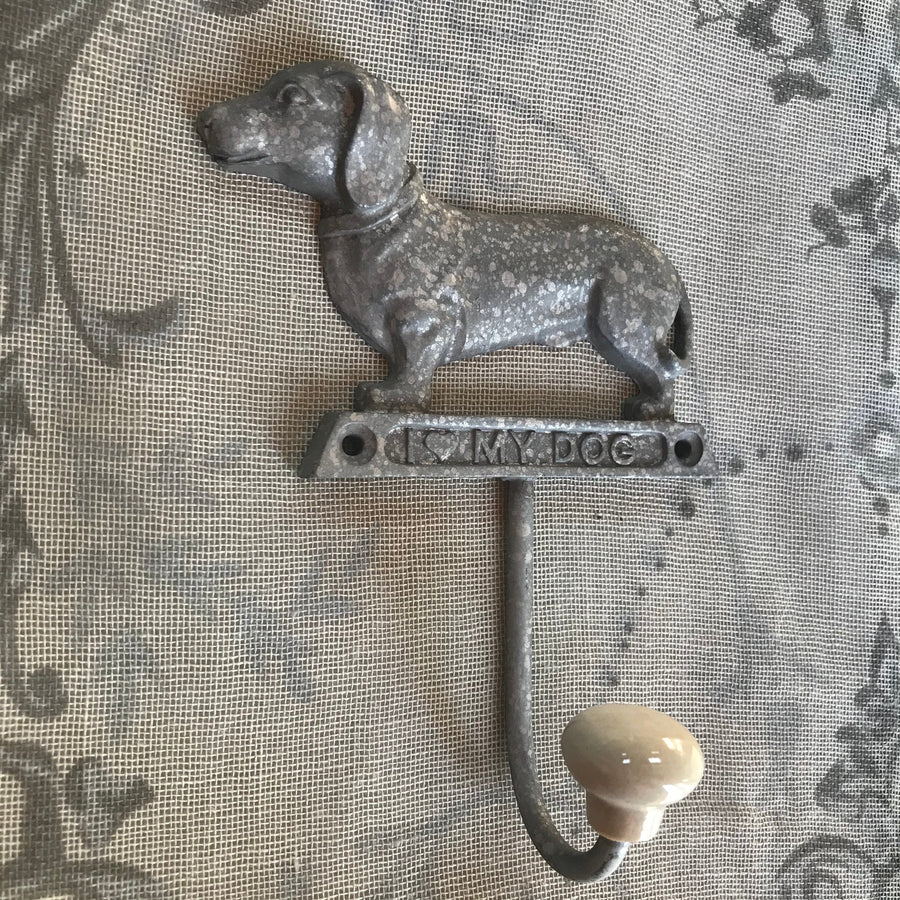 Vintage Hare metal dachshund dog shaped wall hook with "I Love My Dog" inscription. Rustic finish.