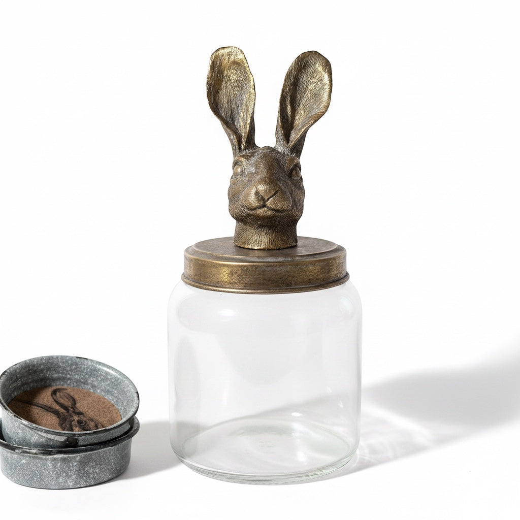 Large clear glass storage jar with a whimsical distressed golden hare lid topper