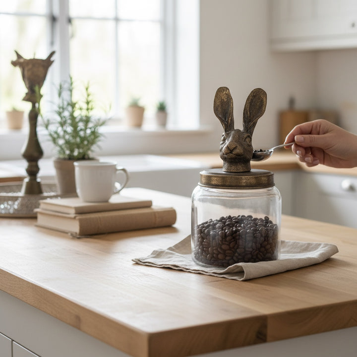 Large clear glass storage jar with a distressed golden hare lid, filled with coffee beans on a wooden kitchen worktop