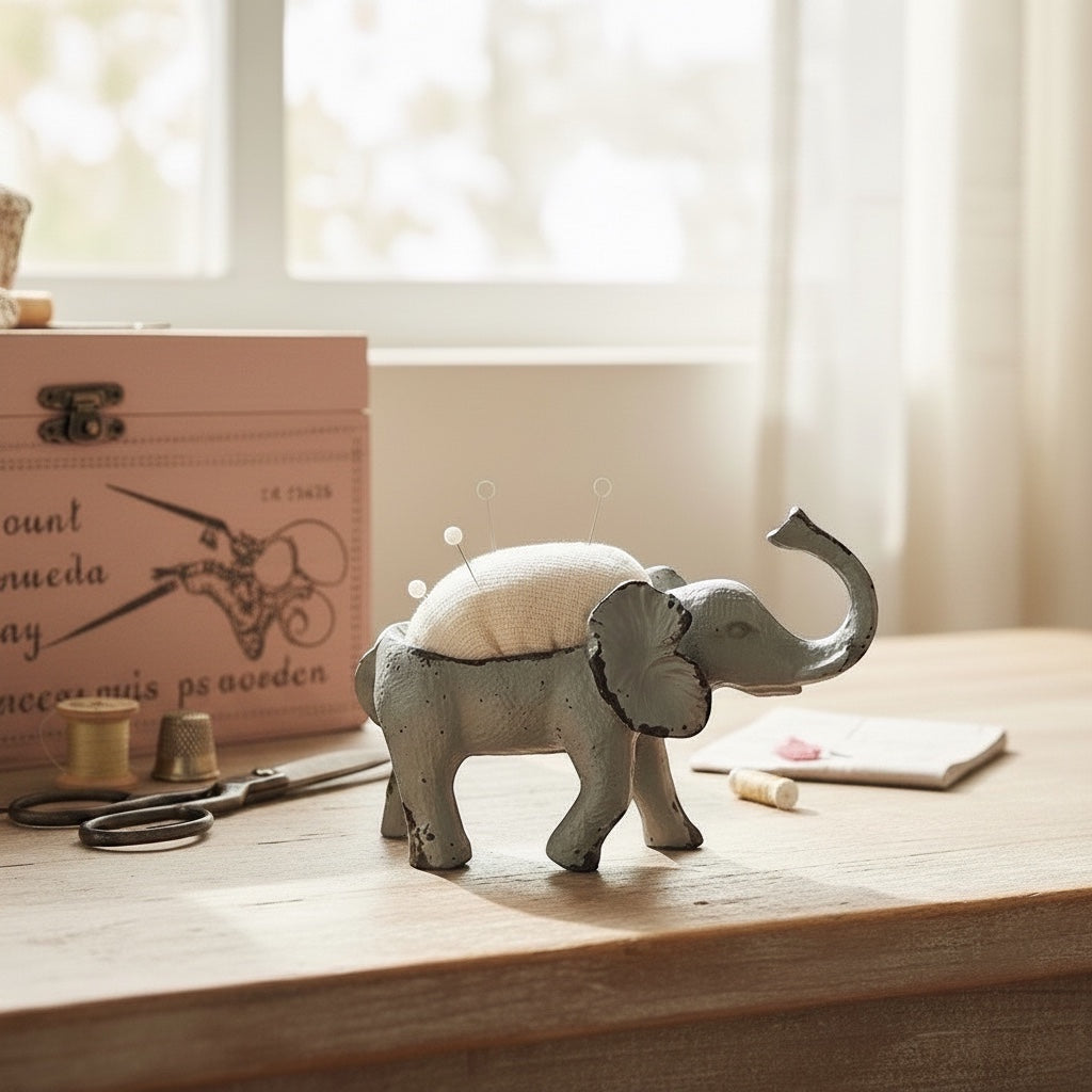 French grey metal elephant pin cushion with a hessian padded back on a wooden desk.