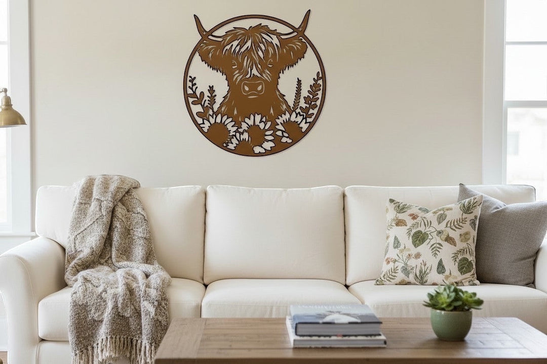 Vintage Hare large circular metal wall plaque featuring a rustic Highland cow and sunflowers in a living room.