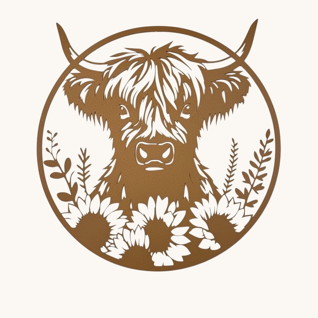 Large circular rusty metal wall plaque featuring a Highland cow surrounded by sunflowers and foliage.