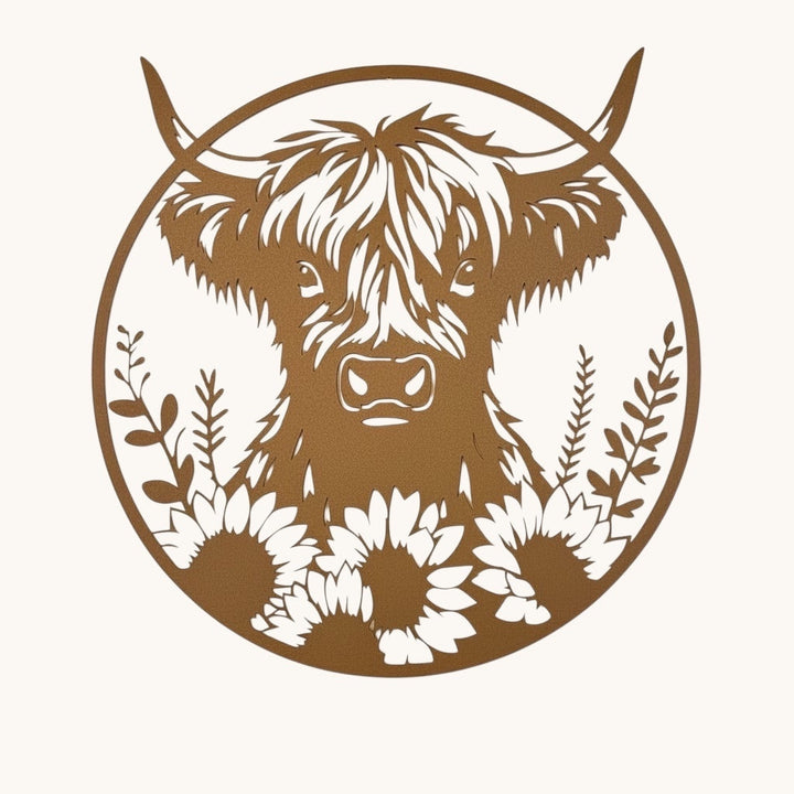 Large circular rusty metal wall plaque featuring a Highland cow surrounded by sunflowers and foliage.