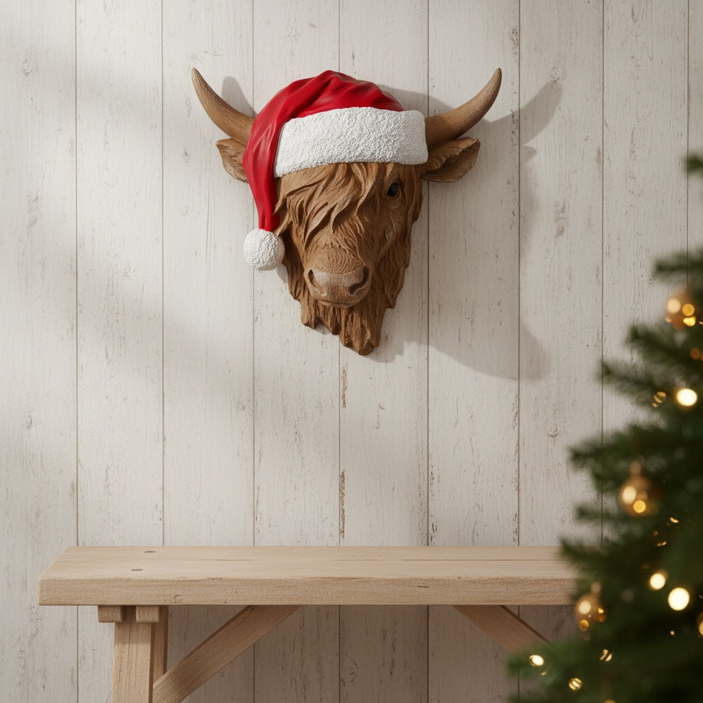Vintage Hare resin Highland cow wall hanger wearing a festive red and white Santa hat on a rustic wood wall