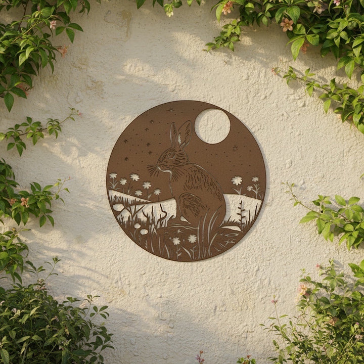 Vintage Hare circular metal wall plaque featuring a hare in a meadow with flowers and a moon on a textured wall.