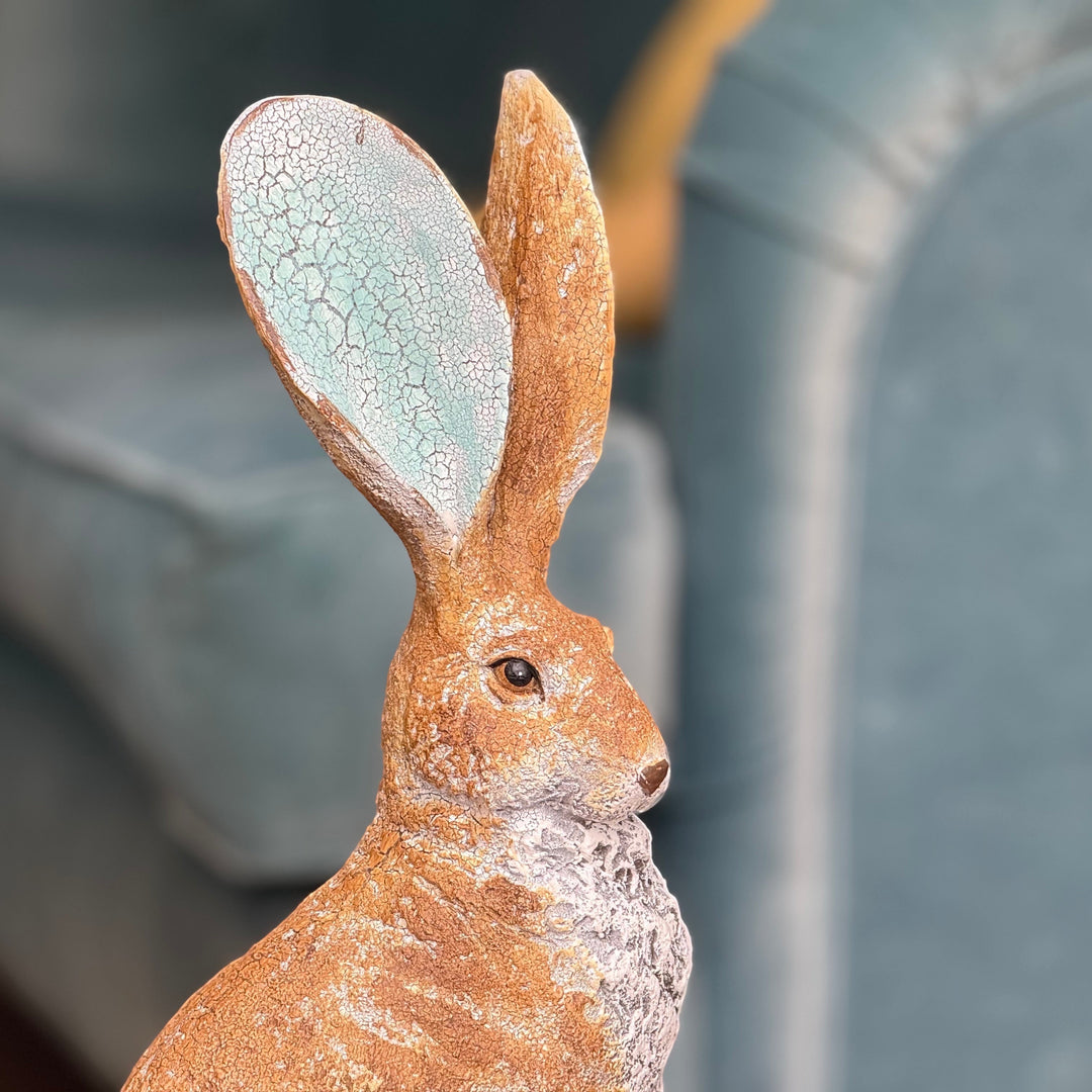 Vintage Hare rustic resin hare ornament with textured finish and turquoise crackle inside ears. 41cm tall.
