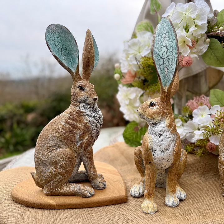 Vintage Hare rustic resin ornament, 41cm tall, with textured brown finish and turquoise crackle ears.