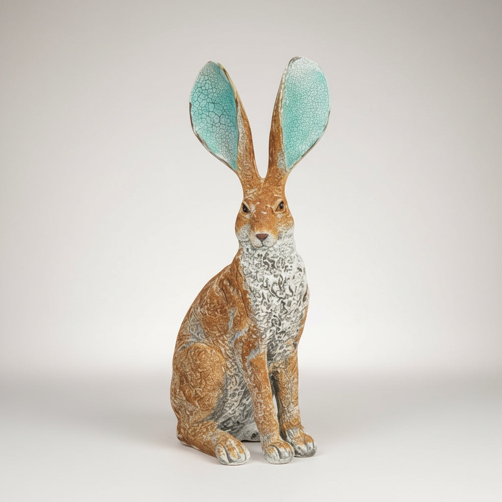 Vintage Hare resin ornament, rustic brown hare with large ears featuring turquoise crackle finish. 41cm tall.