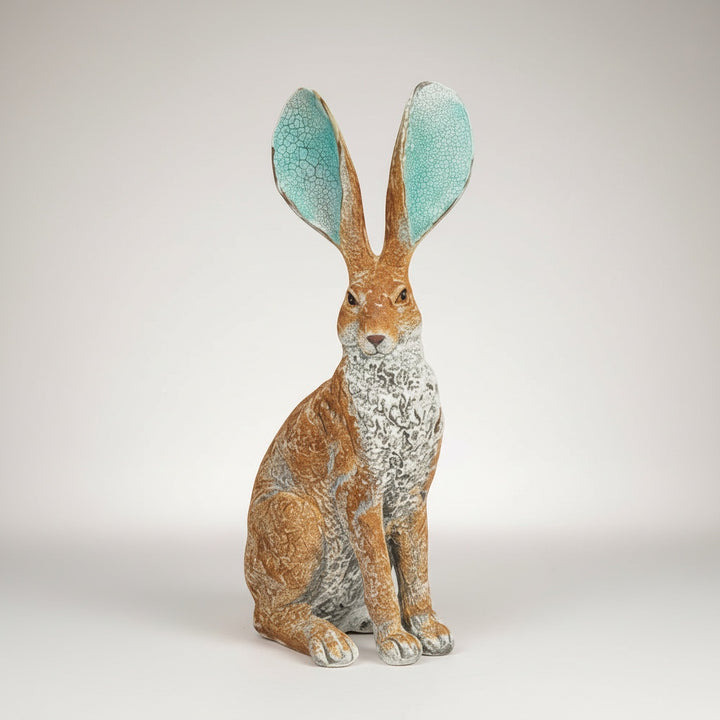 Vintage Hare resin ornament, rustic brown hare with large ears featuring turquoise crackle finish. 41cm tall.