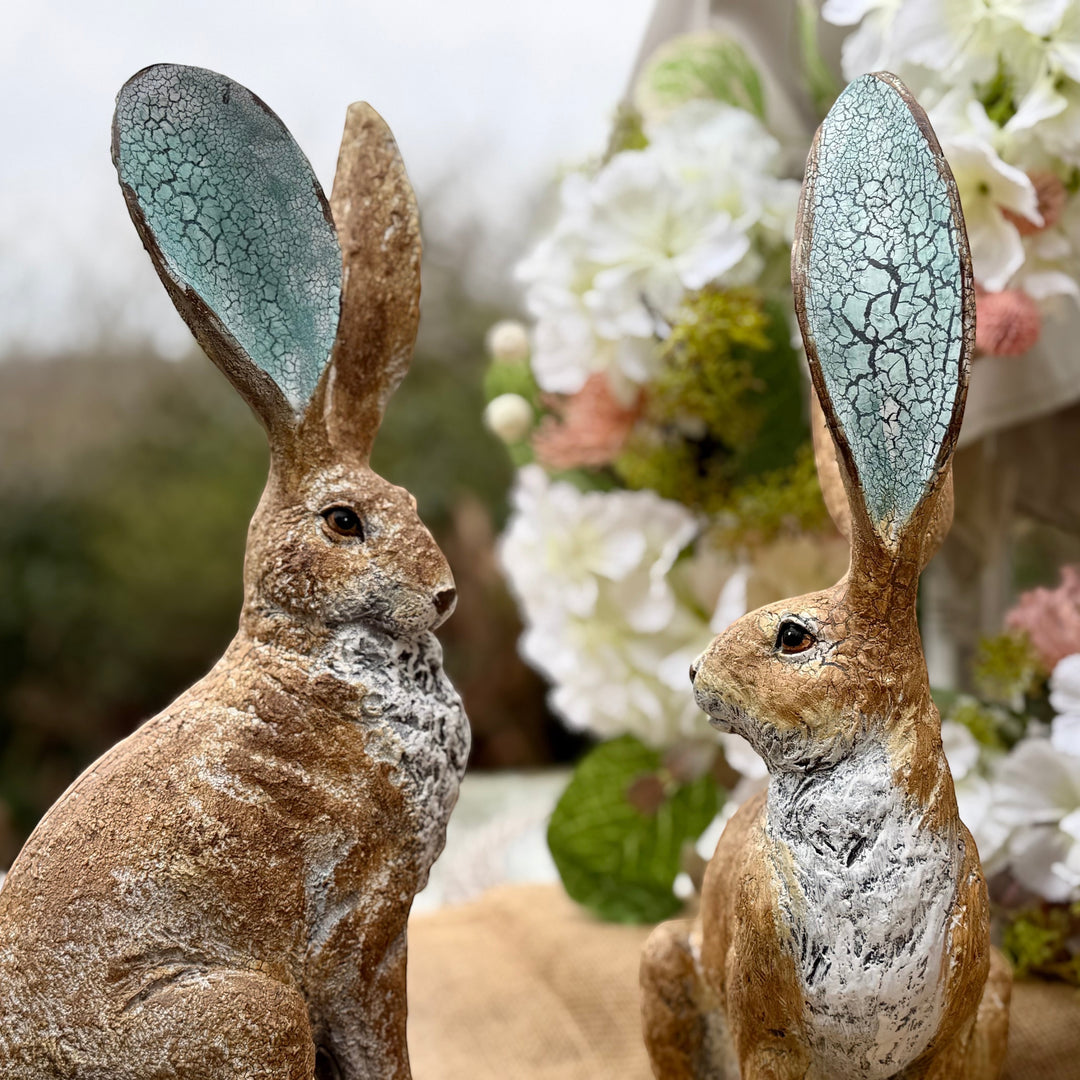 Vintage Hare rustic resin ornament, 41cm tall, with textured brown finish and turquoise crackle ears.
