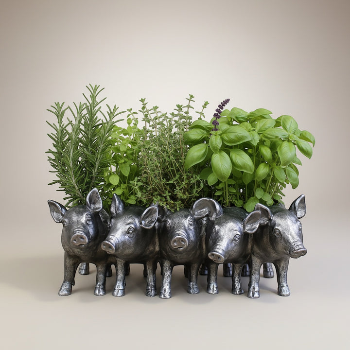 Vintage Hare Silver Pigs Planter with five pigs in a row, antique silver finish, holding herbs and plants.