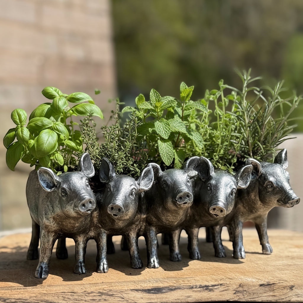 Vintage Hare Silver Pigs Planter with five pigs in a row, antique silver finish, holding herbs and plants.