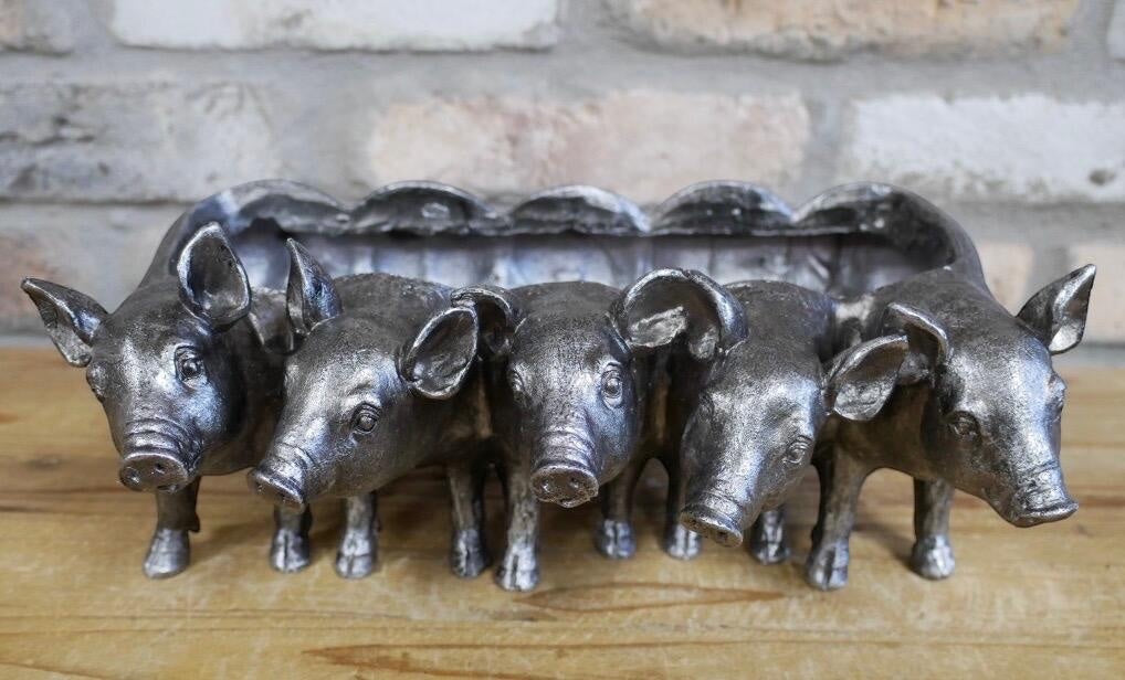 Vintage Hare Silver Pigs Planter with five pigs in a row, antique silver finish, resin, 30cm wide.