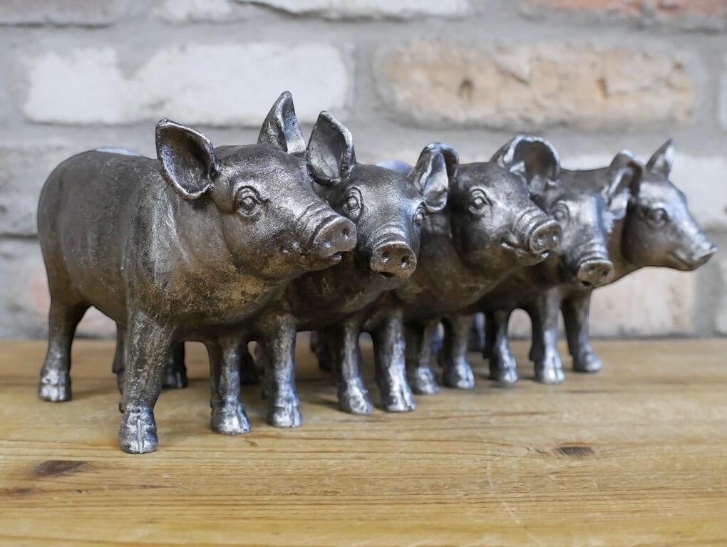 Vintage Hare Silver Pigs Planter, antique silver resin, 5 pigs in a row, 30cm wide, distressed finish.