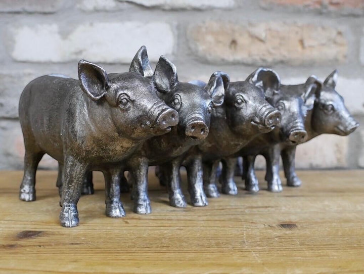 Vintage Hare Silver Pigs Planter, antique silver resin, 5 pigs in a row, 30cm wide, distressed finish.