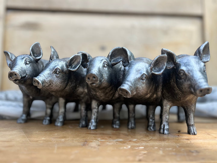 Vintage Hare Silver Pigs Planter with five pigs in a row, antique silver finish, resin, 30cm wide.