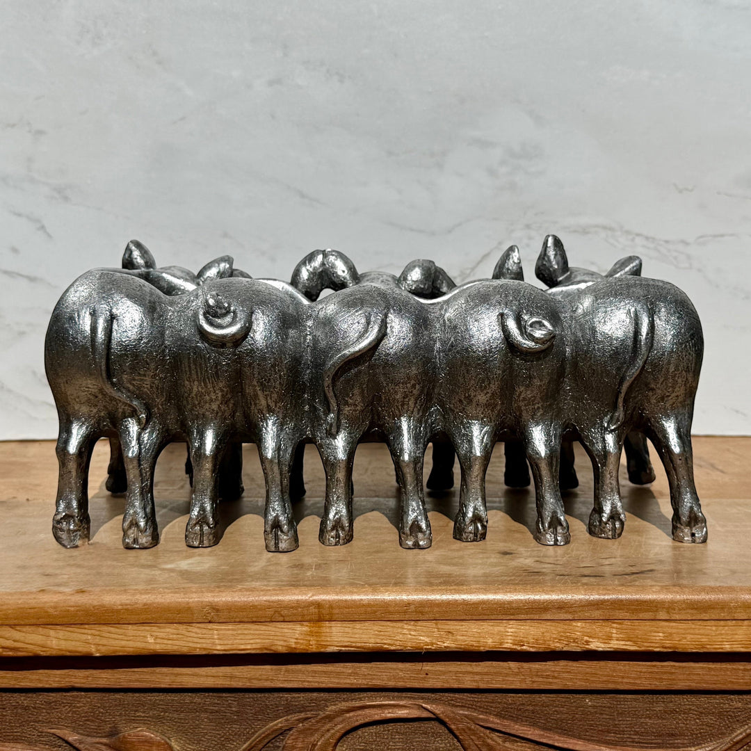 Vintage Hare Silver Pigs Planter, antique silver resin planter with five pigs in a row, 30cm wide.