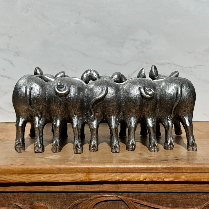 Vintage Hare Silver Pigs Planter, antique silver resin planter with five pigs in a row, 30cm wide.