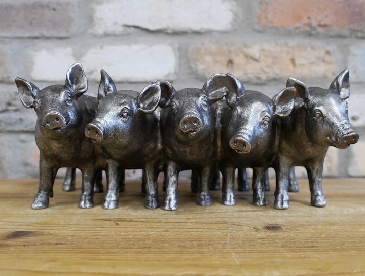 Vintage Hare Silver Pigs Planter, antique silver resin planter with five pigs in a row, 30cm wide.