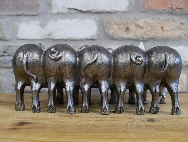 Vintage Hare Silver Pigs Planter, antique silver resin planter with five pigs in a row, 30cm wide.