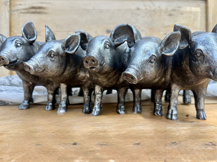 Vintage Hare Silver Pigs Planter, antique silver finish, resin, holding plants or succulents.