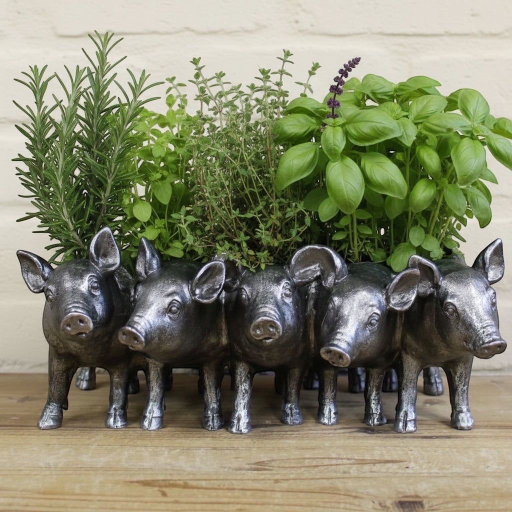 Vintage Hare Silver Pigs Planter, antique silver finish, resin, holding herbs and plants.