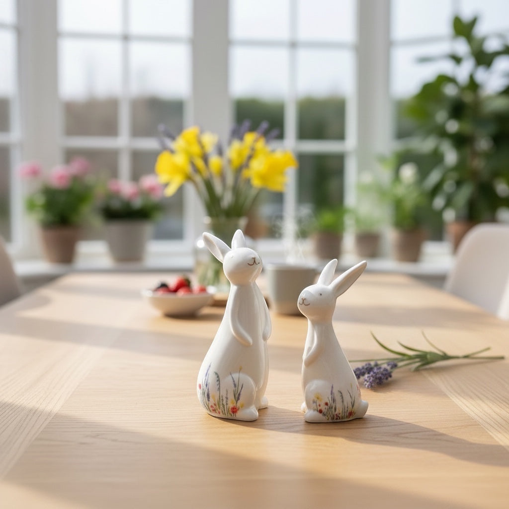 Vintage Hare set of 2 white ceramic bunny ornaments with wildflower pattern, perfect for Easter decor.