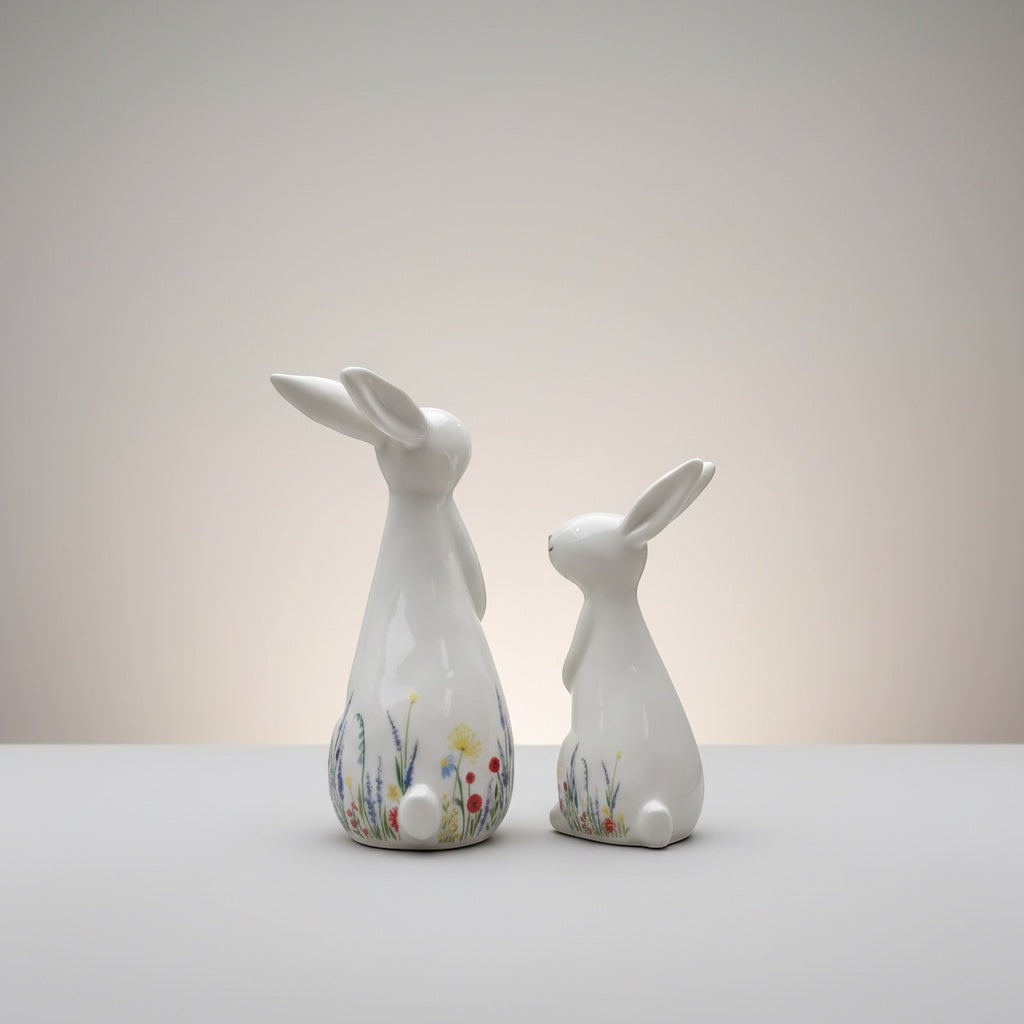  set of 2 white ceramic bunny ornaments with wildflower pattern, sitting facing away showing the pattern on their backs. 