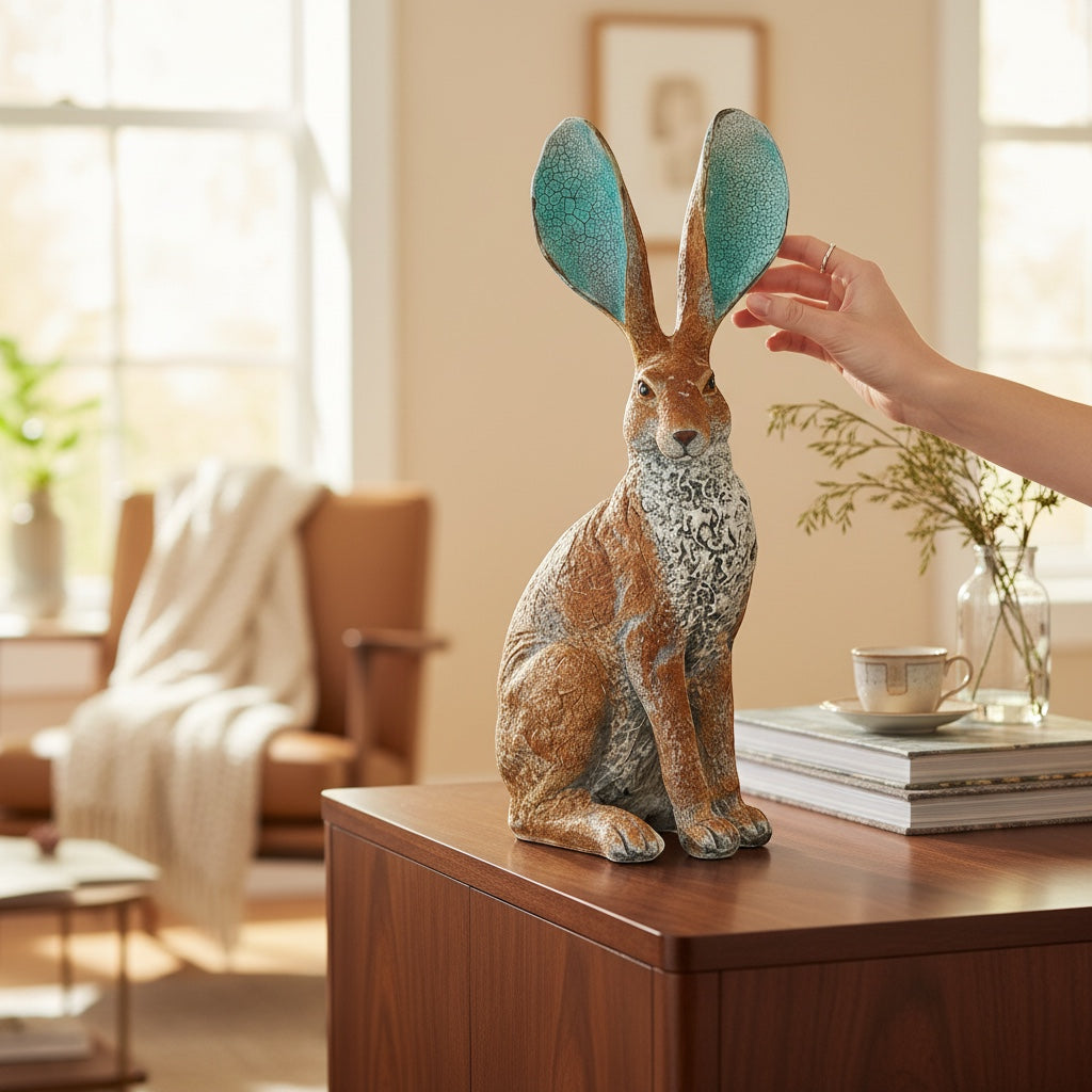 Vintage HareHere sculpted resin hare ornament with rustic finish and turquoise crackle ears, 41cm tall.