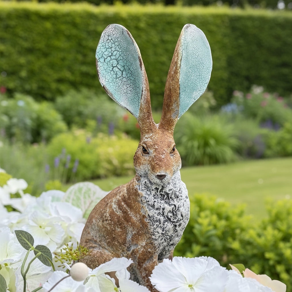 Vintage HareHere rustic resin hare ornament with turquoise crackle ears, 41cm tall, sits amongst white flowers in a garden.